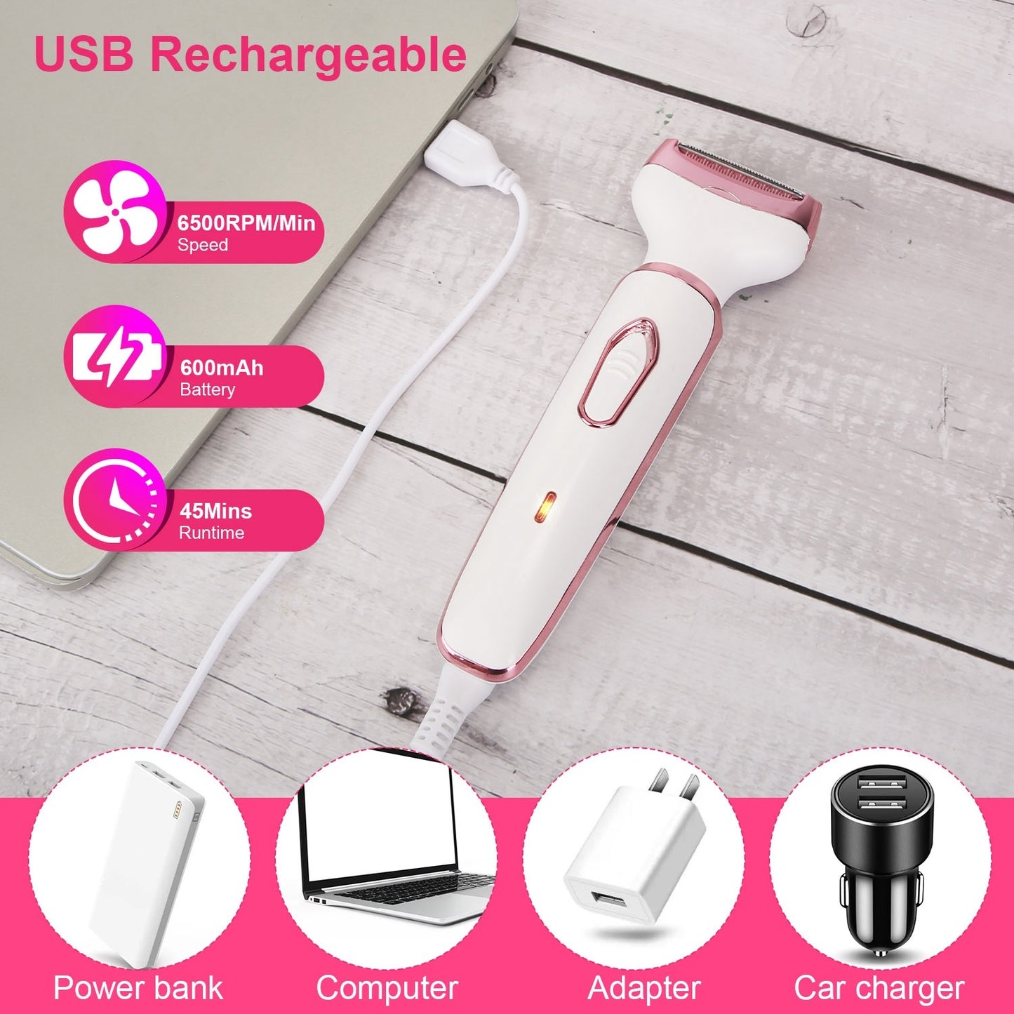 USB rechargeable hair removal device with charging cable on a wooden surface, featuring battery and runtime information.