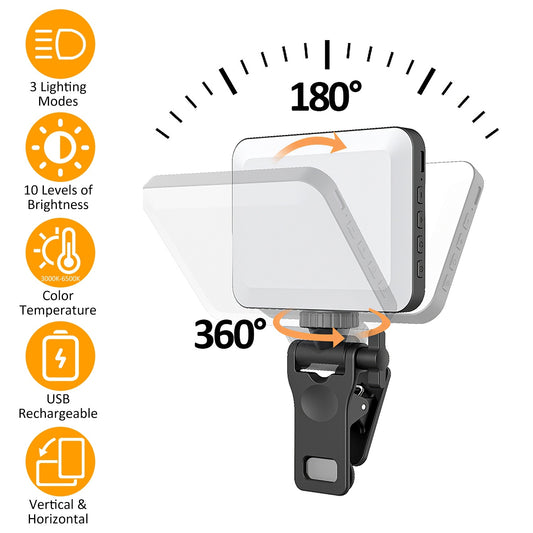 Rechargeable Selfie Light Fill Light 2000mAh Portable Clip On Light With 3 Light Modes 10 Brightness Levels For Phone Laptop Live Stream Make Up Photography