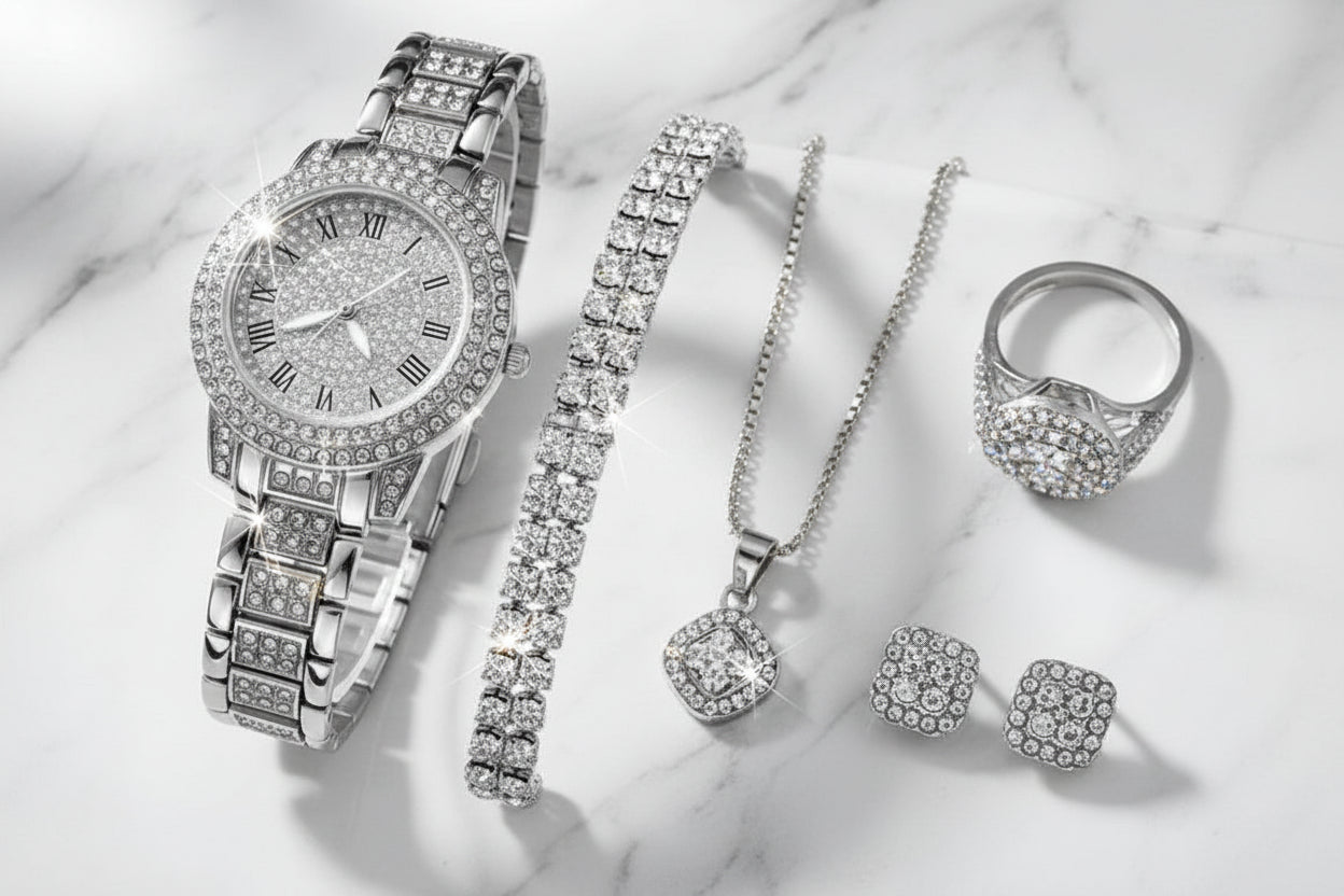 Silver jewelry set including a watch, bracelet, necklace, ring, and earrings on a black background.