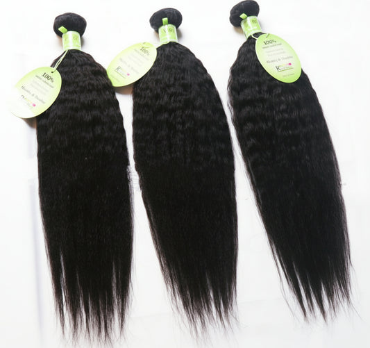 Three bundles of straight black hair extensions with green labels on a white background