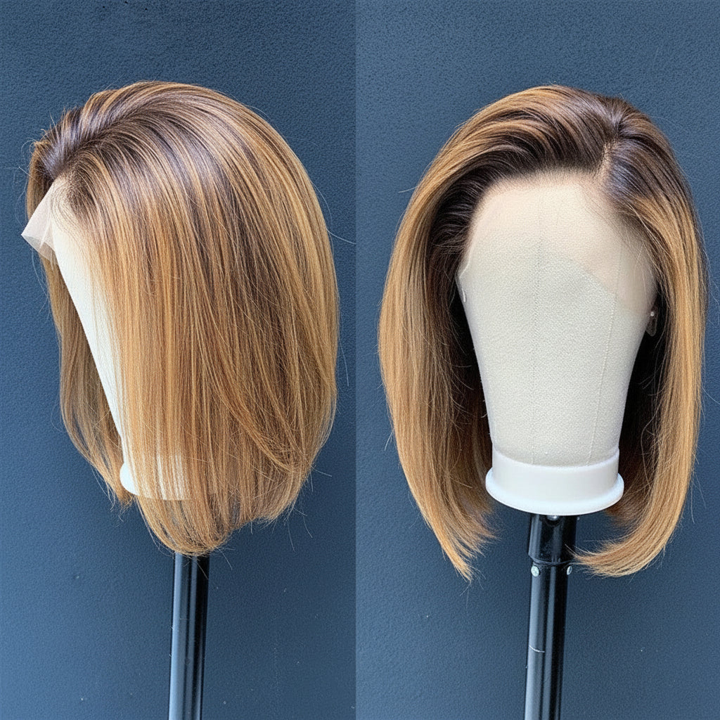 Two views of a brown and blonde wig on a mannequin head against a blue background.