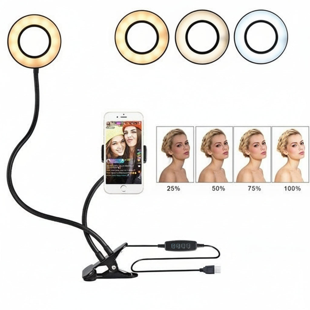 Smartphone with ring light and color mode display on a white background