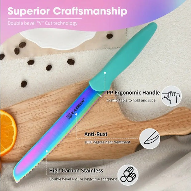 14-Piece Rainbow Colored High Carbon Stainless Steel Kitchen Knife Set, Titanium Coated Blade, Rust-Free & Super Sharp, Flatware Set With Wooden Stand & Kitchen Scissors, For Family & Restaurateurs