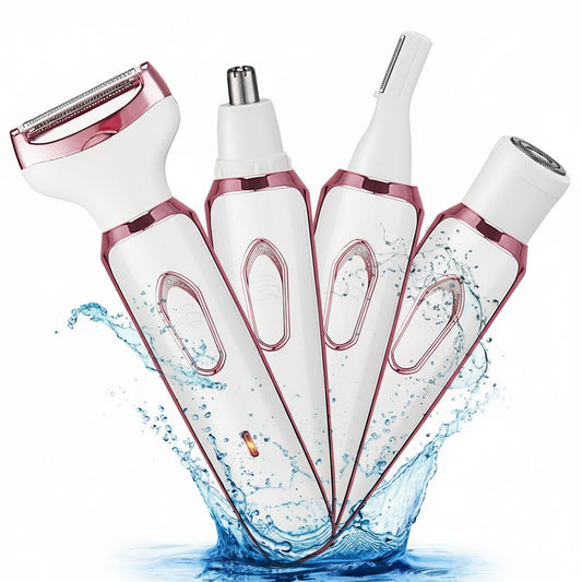 Set of white and pink electronic devices with water splashes on a white background