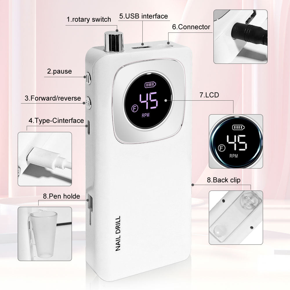 Rechargeable Electric Nail File Professional - 45000RPM Portable Efile Nail Drill Kit, Cordless E File Nail Drill Machine For Acrylic Gel Nails Salon Home Manicure Use