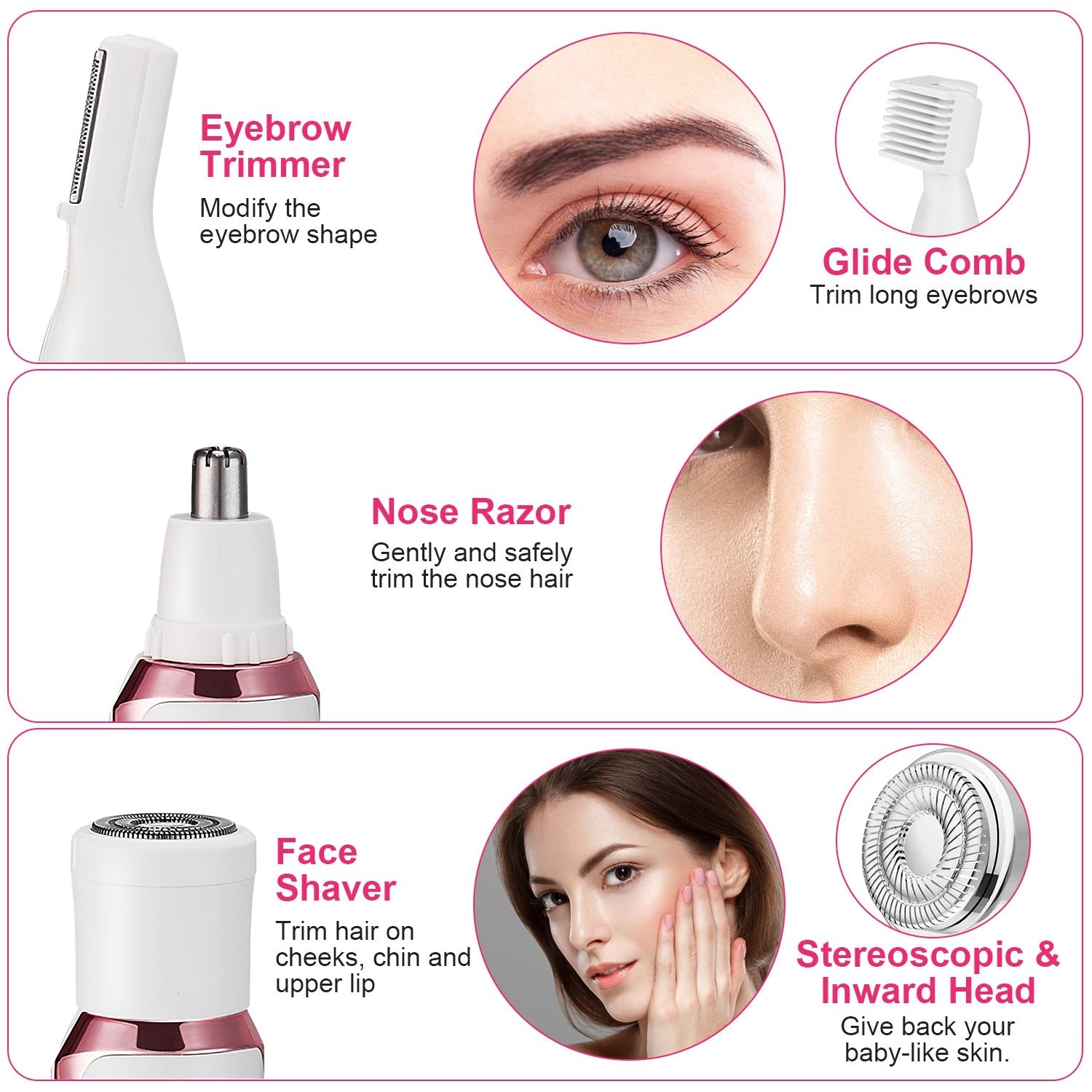 Grooming device with eyebrow trimmer, glide comb, nose razor, face shaver, and stereoscopic inward head features.