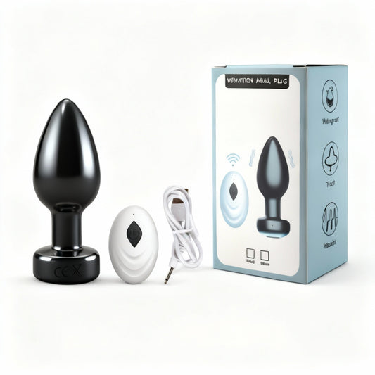 Black vibration anal plug with packaging and remote control on a white background