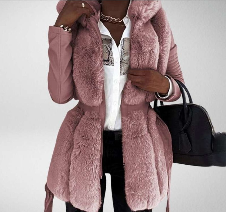 New Styled Fur Belt Belt Hooded Zipper Jacket Women's Clothing