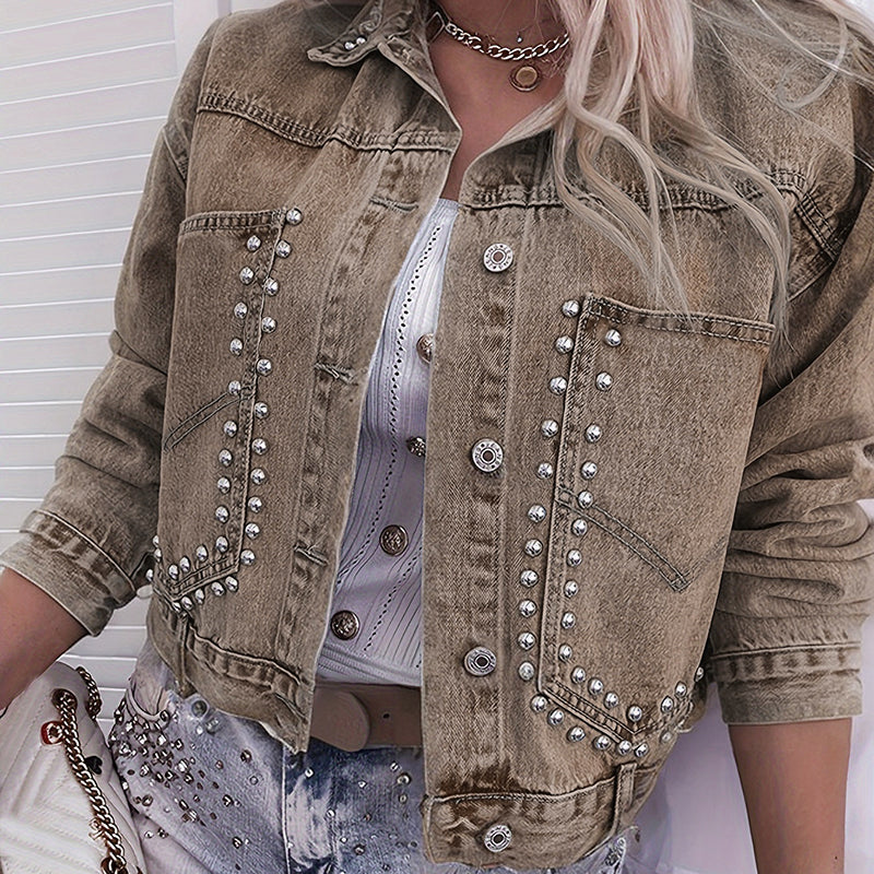 Women's Long Sleeve Rivet Studded Denim Jacket Casual Cropped Short Jean Coat