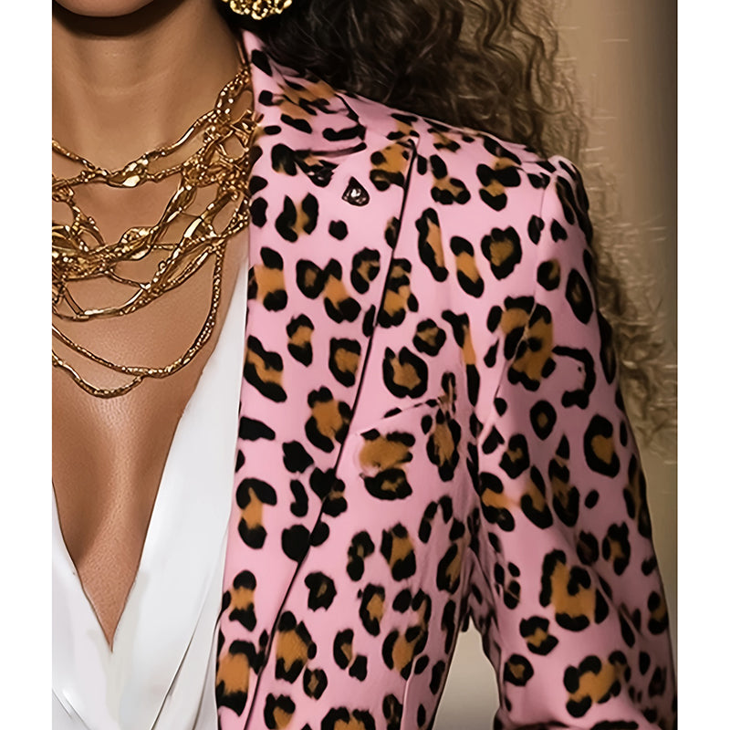 Women's Pink Leopard Blazer Long Sleeve Button Front Notch Lapel Jacket For Casual Office Work Wear
