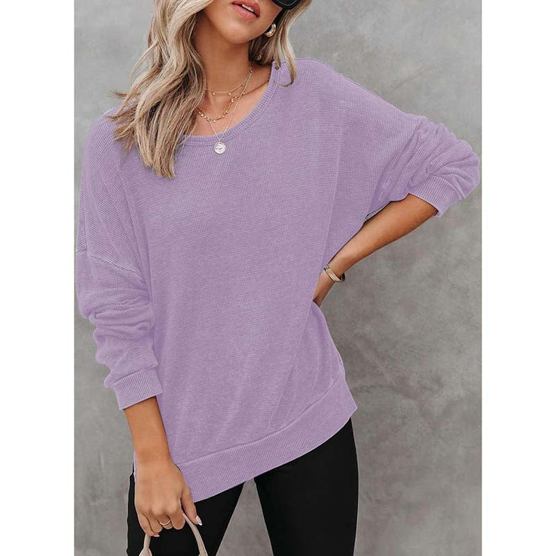 Womens Waffle Knit Crewneck Sweatshirts Long Sleeve Side Slits Casual Pullover Sweatshirt Tops