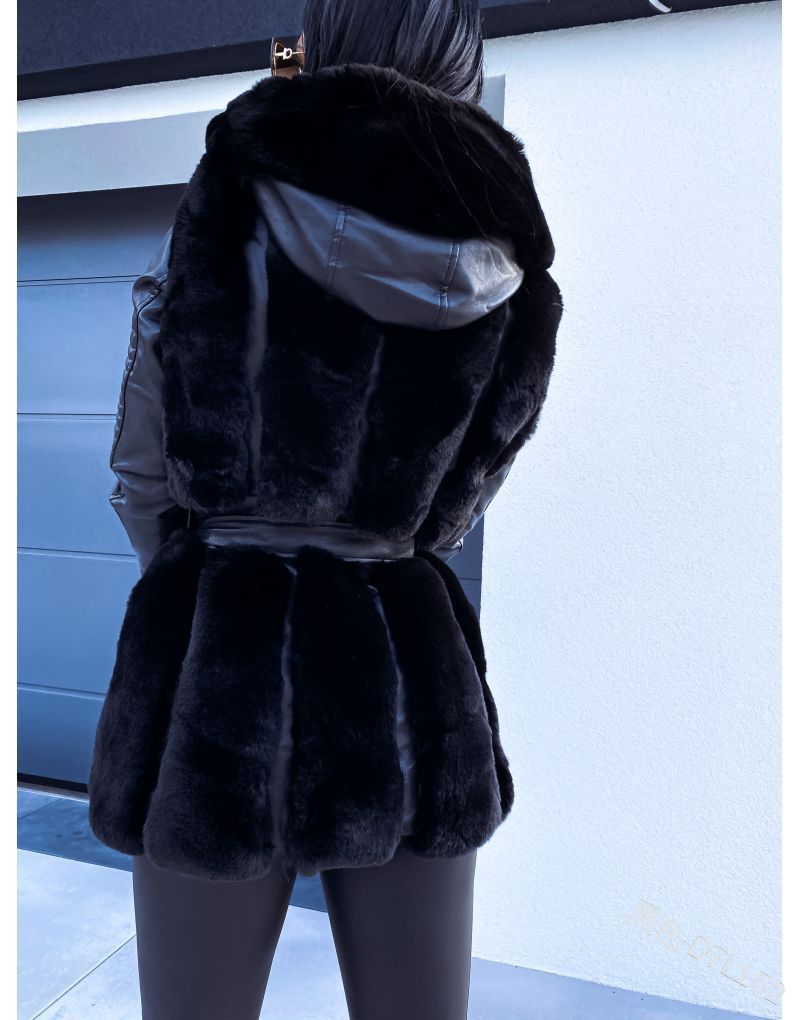 New Styled Fur Belt Belt Hooded Zipper Jacket Women's Clothing