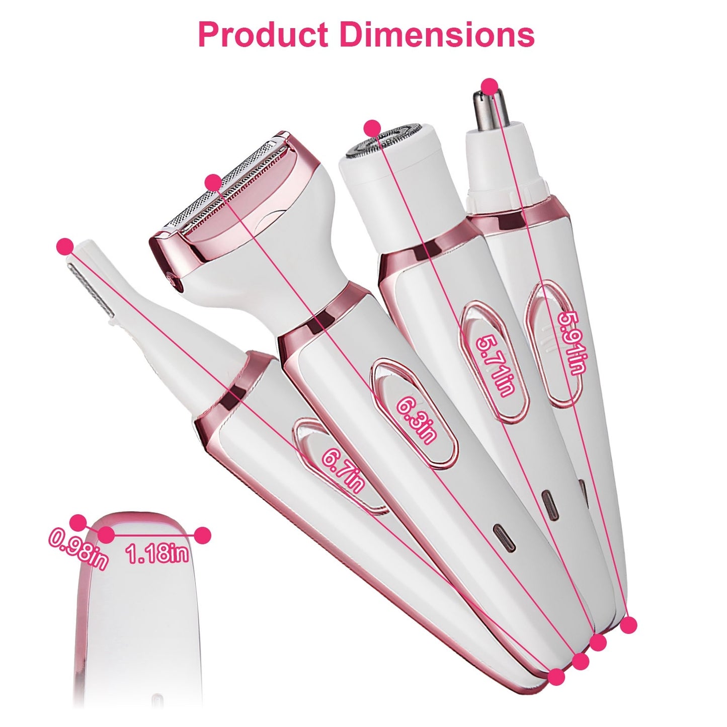 White and pink hair removal device with dimensions indicated on a white background