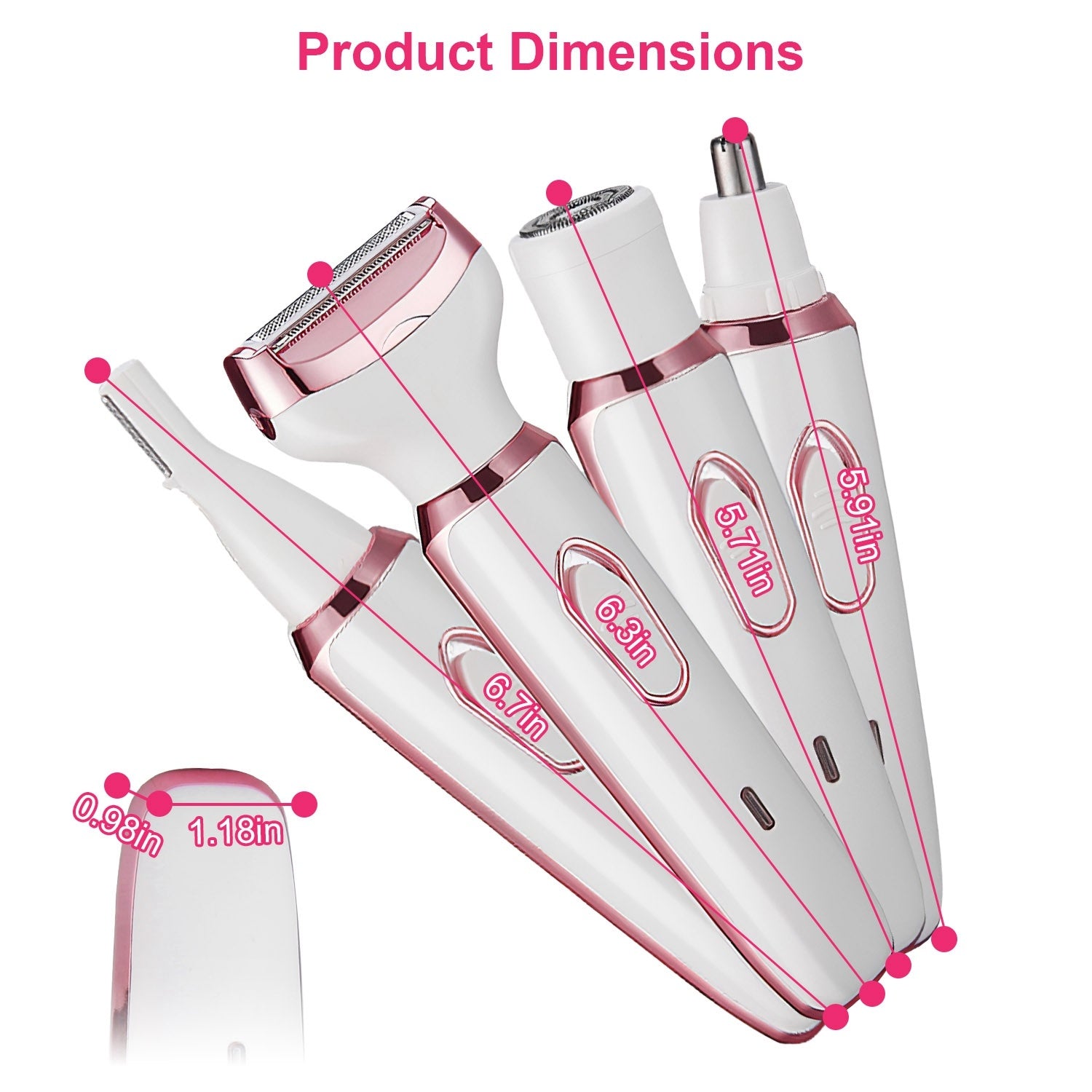 White and pink hair removal device with dimensions indicated on a white background