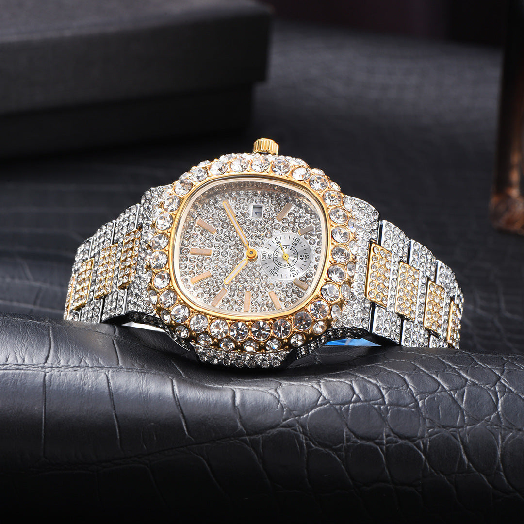 Luxury watch with diamond-studded band on a black textured surface