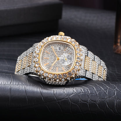 Luxury watch with diamond-studded band on a black textured surface