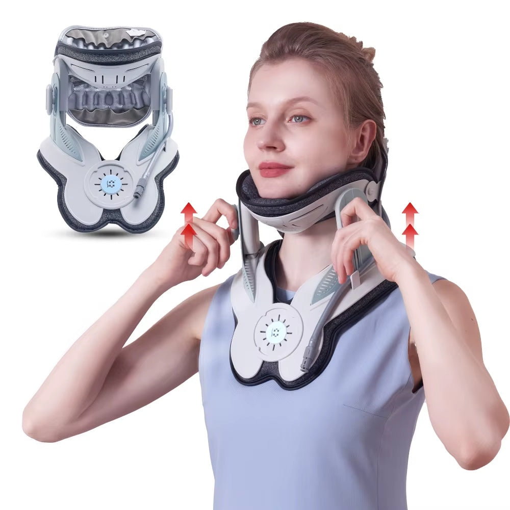 Woman wearing a neck brace with an inset showing a close-up of the device.