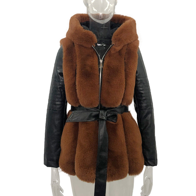 New Styled Fur Belt Belt Hooded Zipper Jacket Women's Clothing
