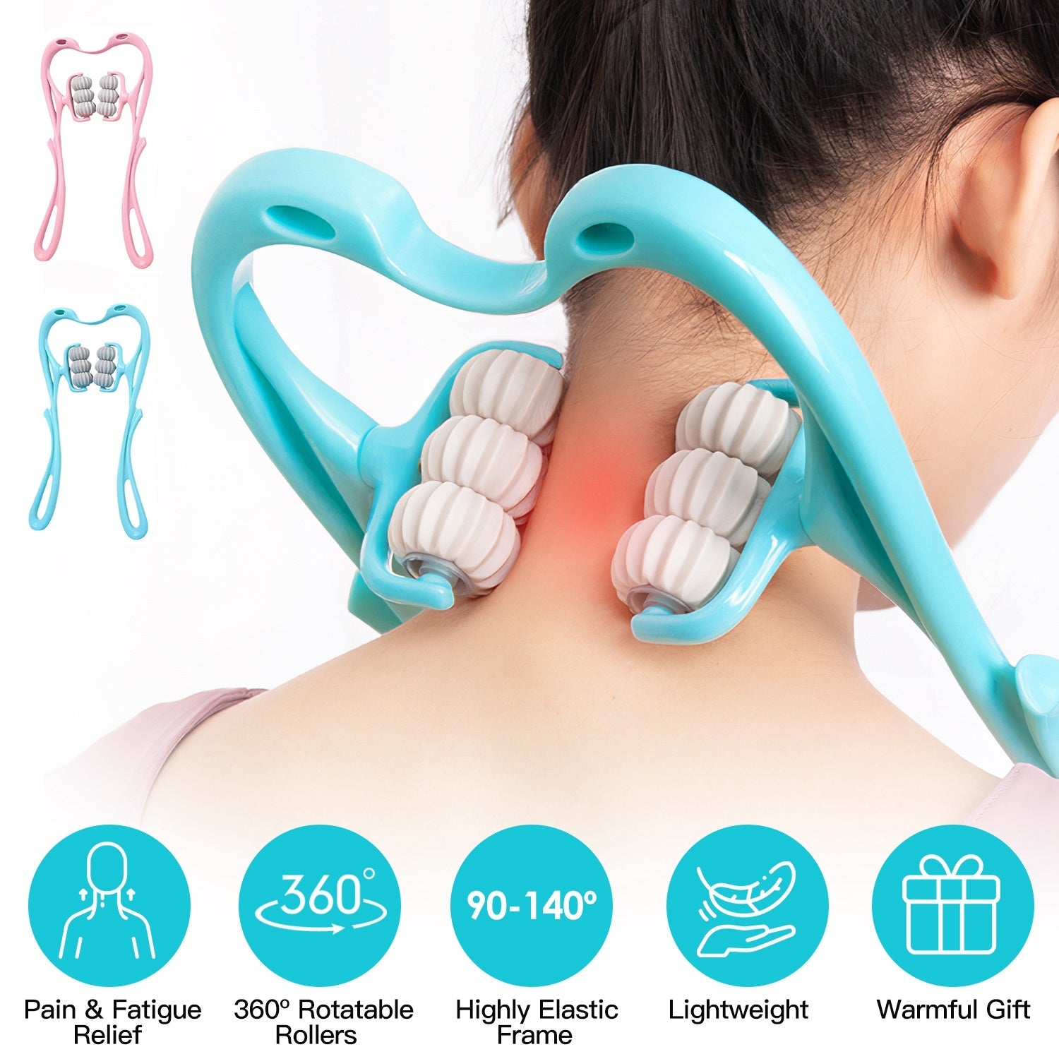 Neck massager being used on a person's neck with product details displayed.