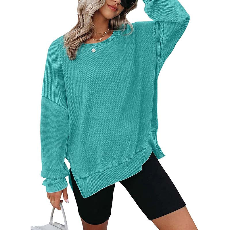 Womens Waffle Knit Crewneck Sweatshirts Long Sleeve Side Slits Casual Pullover Sweatshirt Tops
