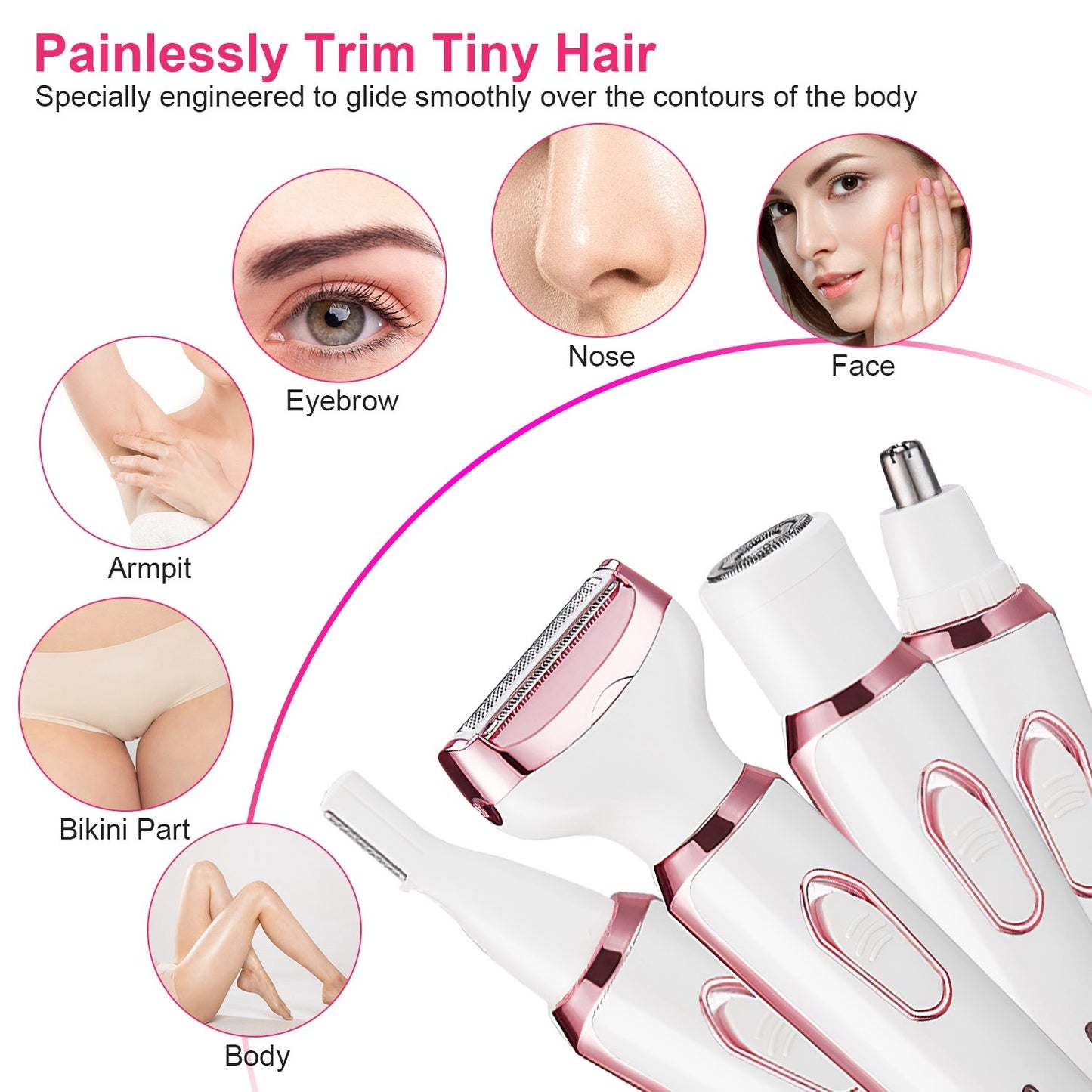 Hair removal device with illustrations of body parts it can trim.