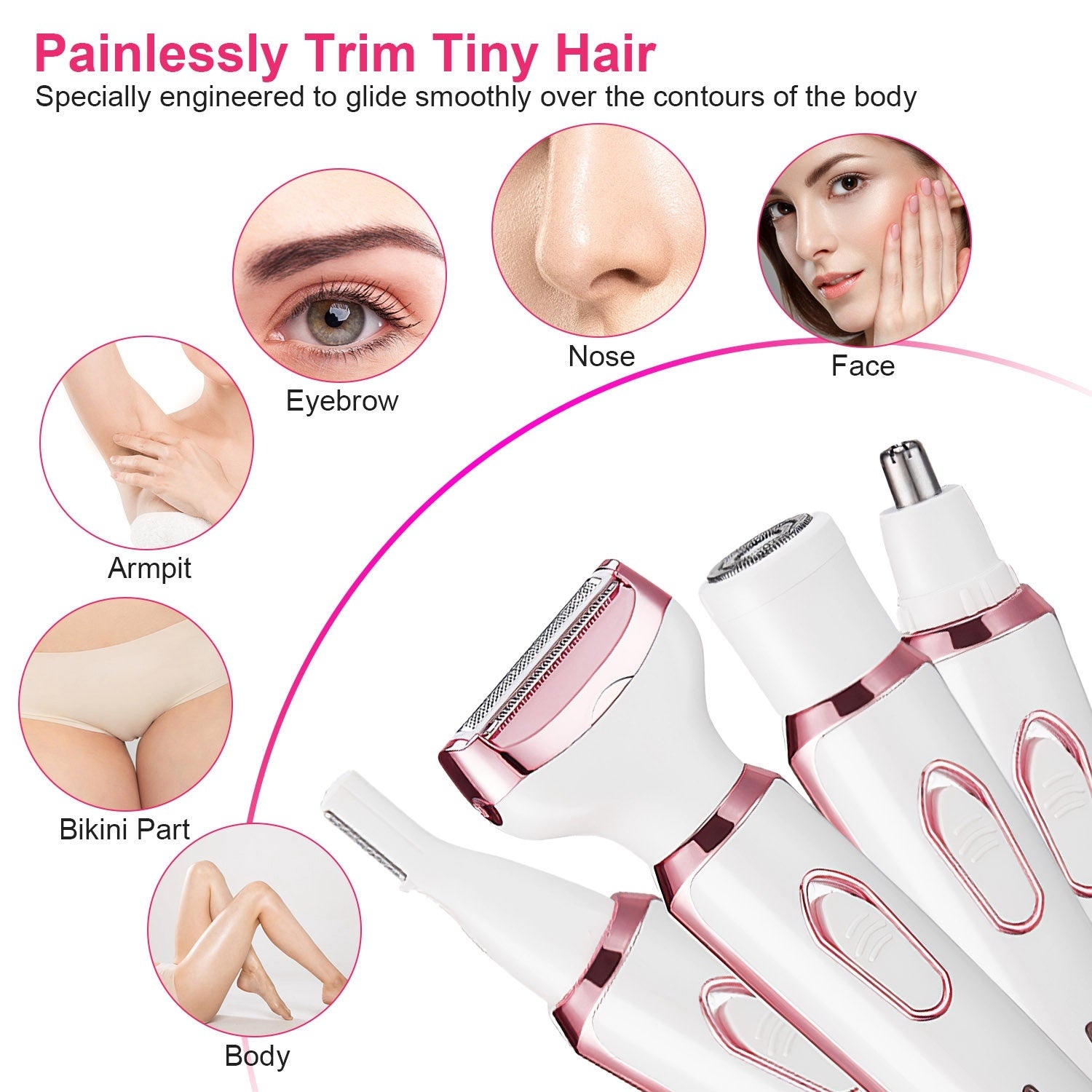 Hair removal device with illustrations of body parts it can trim.