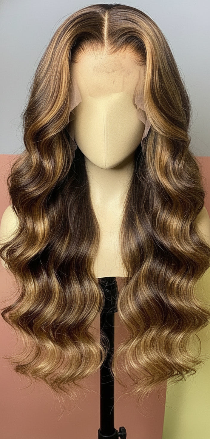 Blonde and brown wavy hair wig on a mannequin head with a plain background
