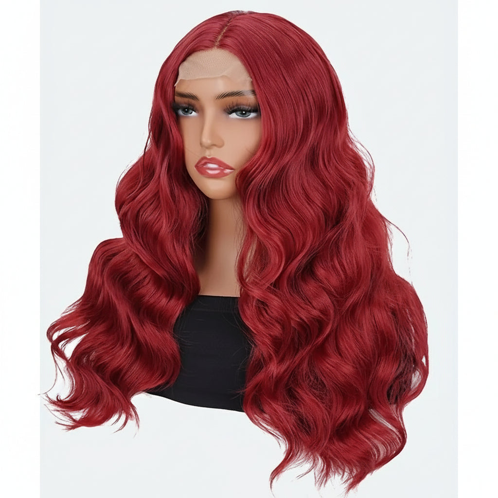 24-Inch Red Wavy Synthetic Wig for Women – 4x1 Lace Front, Natural Look, Heat-Resistant, Comfortable & Versatile for Daily Wear or Cosplay.