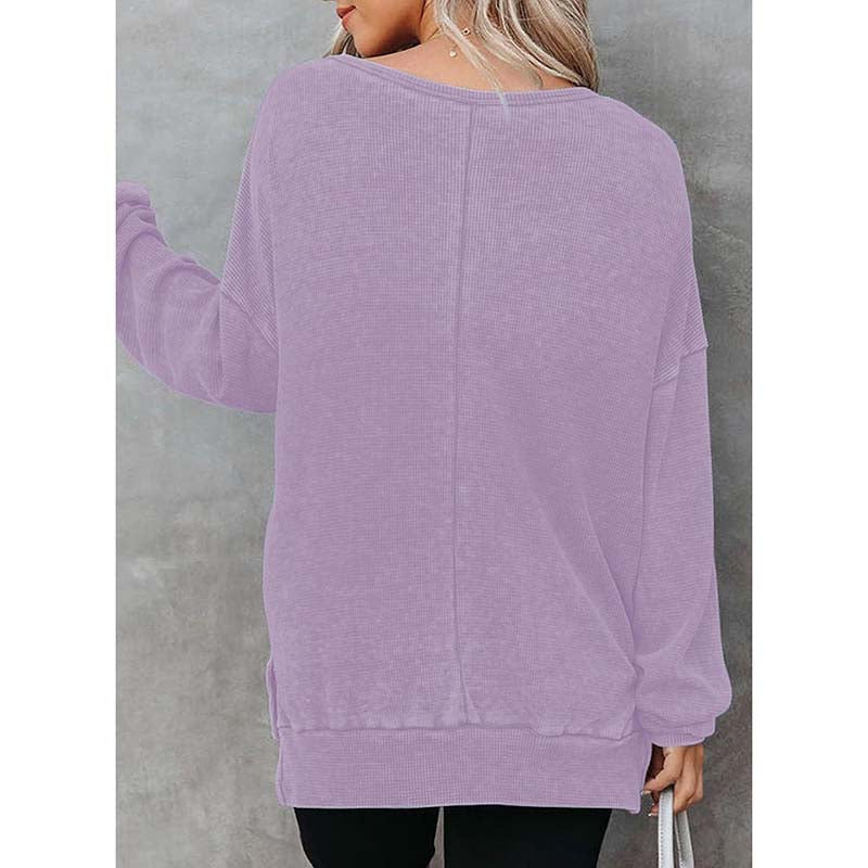 Womens Waffle Knit Crewneck Sweatshirts Long Sleeve Side Slits Casual Pullover Sweatshirt Tops