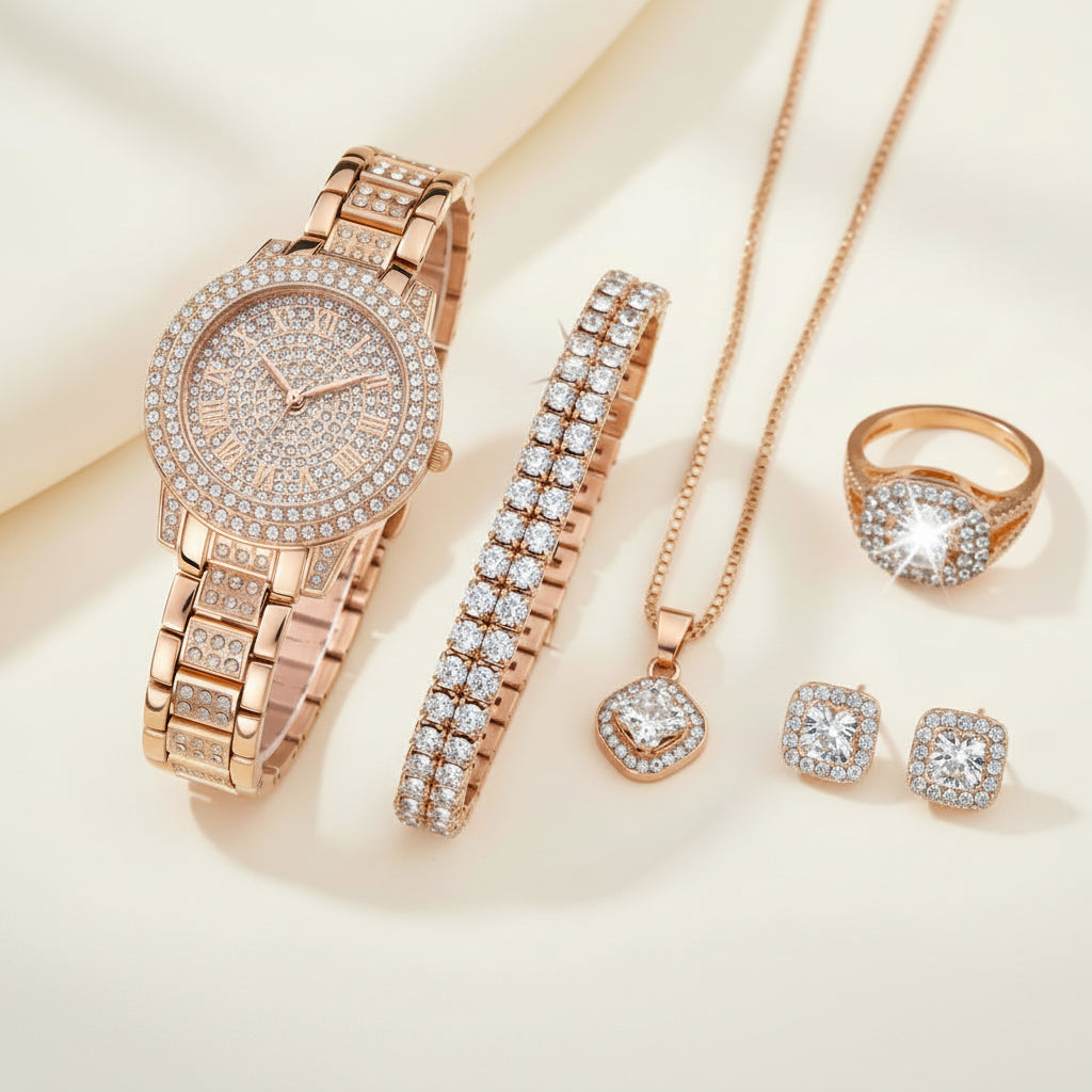Rose gold jewelry set including watch, bracelet, necklace, and ring on a black background