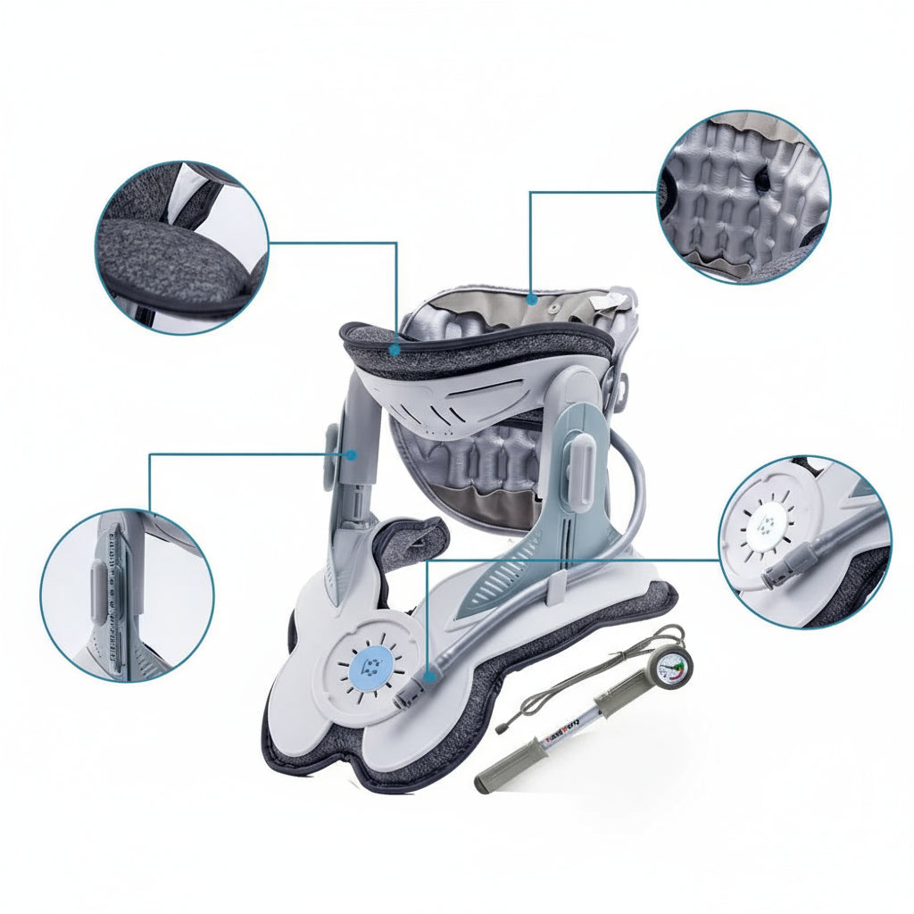 Detailed view of a ski boot with close-up insets on a white background