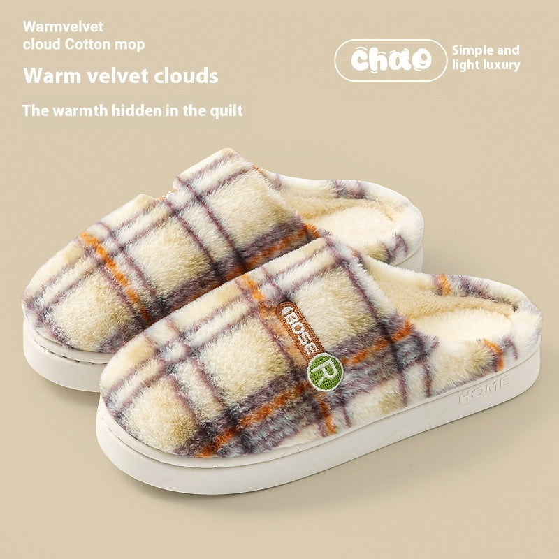 Women's Home Plush Warm Non-slip Plaid Cotton Shoes