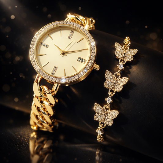 💎 Gold Watch &amp; Butterfly Bracelet Set