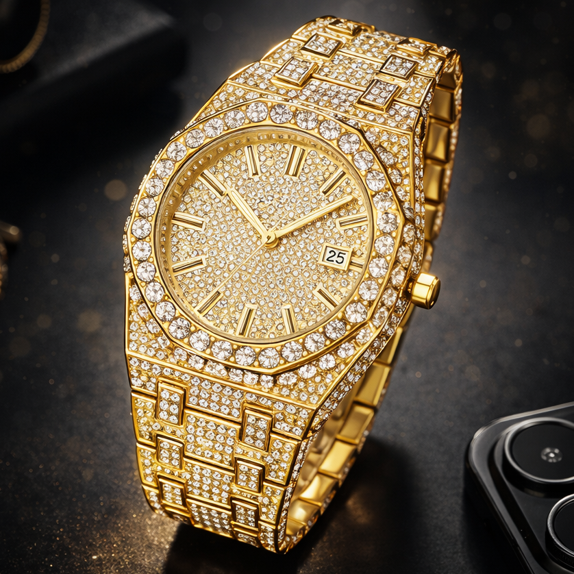 Luxury gold watch with diamond accents on a dark surface
