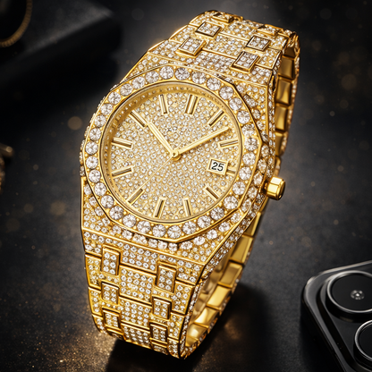 Luxury gold watch with diamond accents on a dark surface