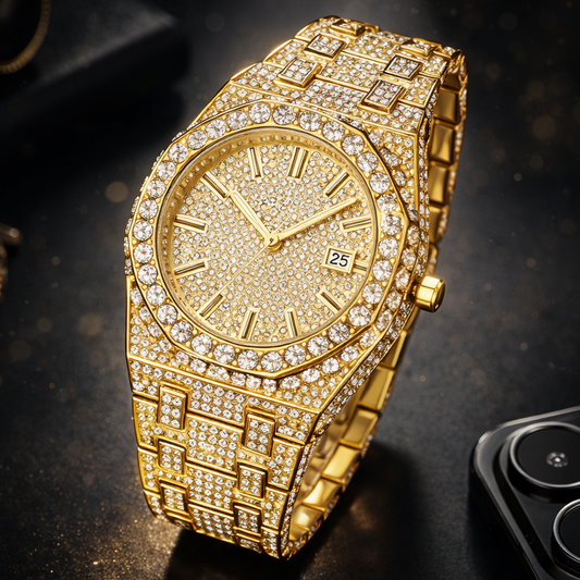 Luxury gold watch with diamond accents on a dark surface
