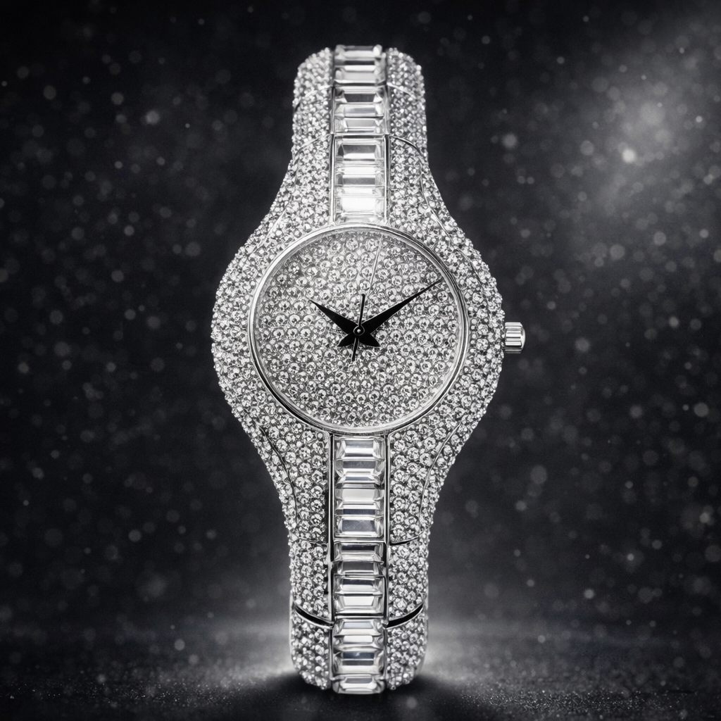 Luxury diamond-encrusted watch on a dark background