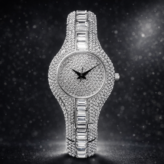 Luxury diamond-encrusted watch on a dark background