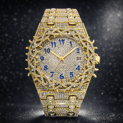 Luxury gold watch with diamond accents on a dark background