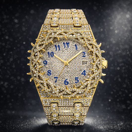 Luxury gold watch with diamond accents on a dark background