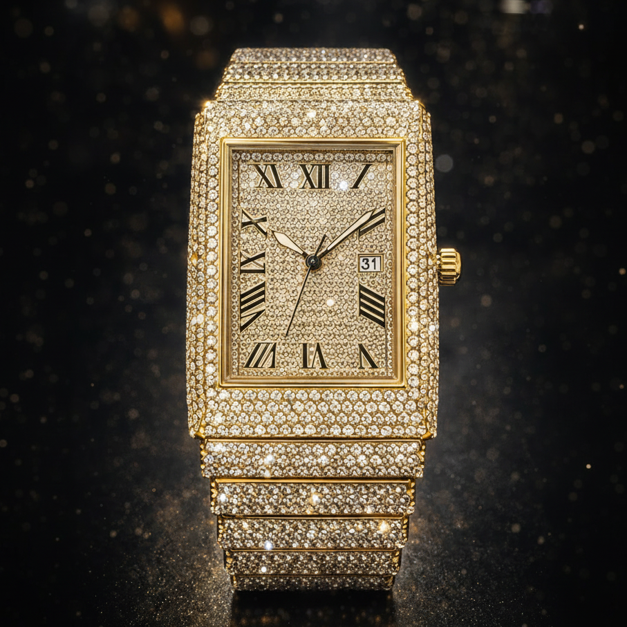 Luxury gold watch with diamond accents on a dark background