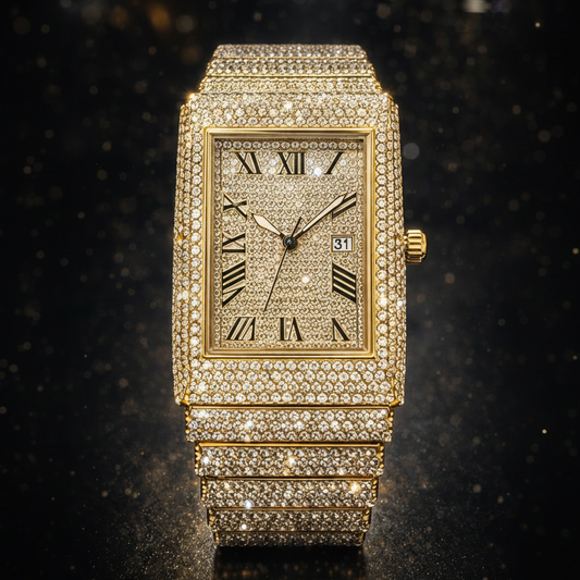 Luxury gold watch with diamond accents on a dark background
