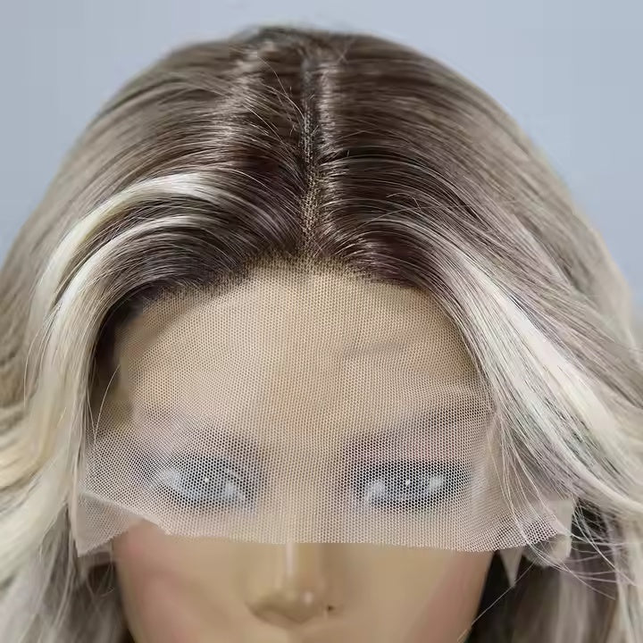 European And American Fashion T-shaped Lace Gold Gradient Wavy Curly Hair Wigs Shipped From Warehouse