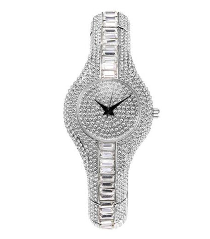 Silver watch with diamond accents on a white background
