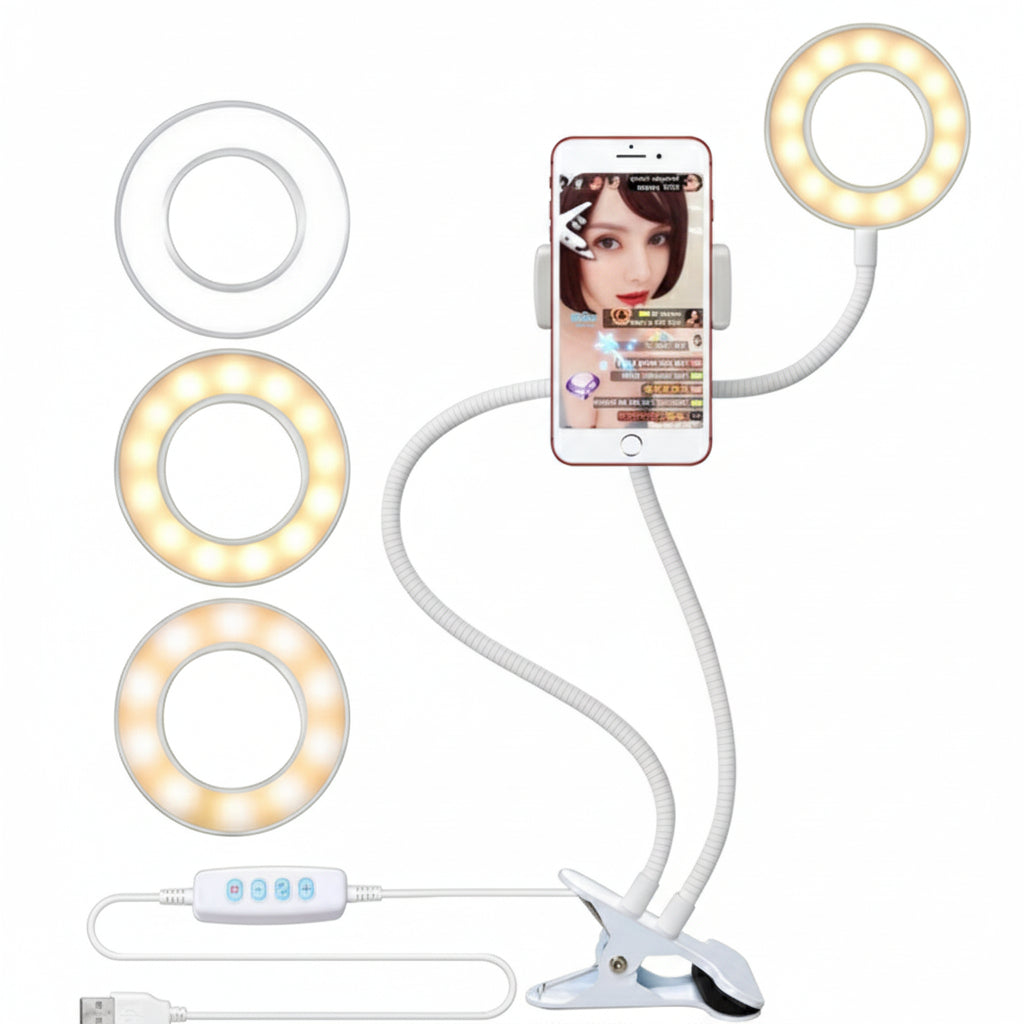LED ring light with smartphone holder on a dark background