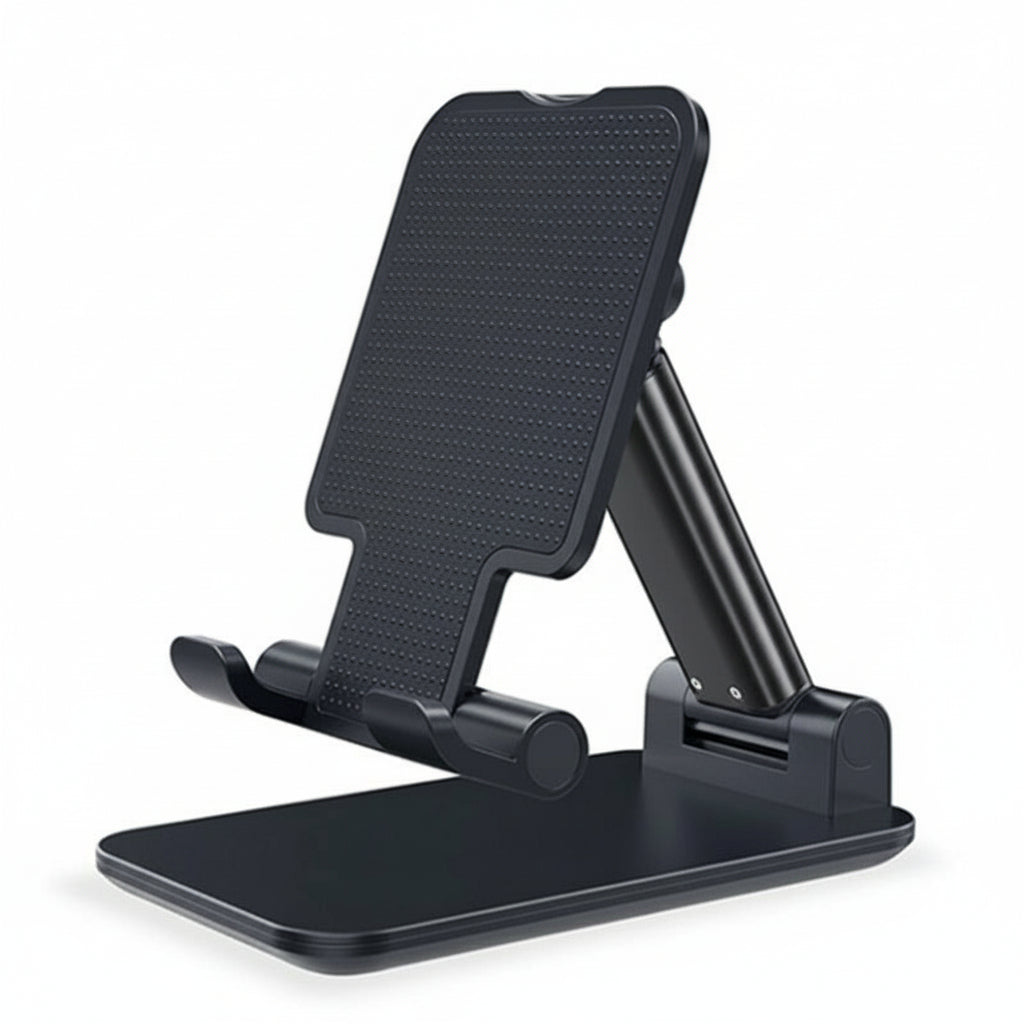 Black adjustable phone stand on a white background