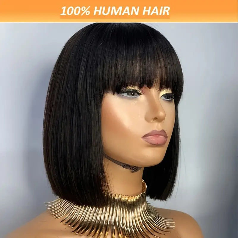 Brazilian Remy Non-toxic Wig, Straight Hair And Short Hair, Black. Human Hair Mechanism, Non-sticky And Non-toxic Wig With Bangs, Suitable For The Whole Scene.