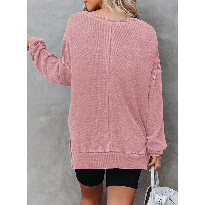 Womens Waffle Knit Crewneck Sweatshirts Long Sleeve Side Slits Casual Pullover Sweatshirt Tops