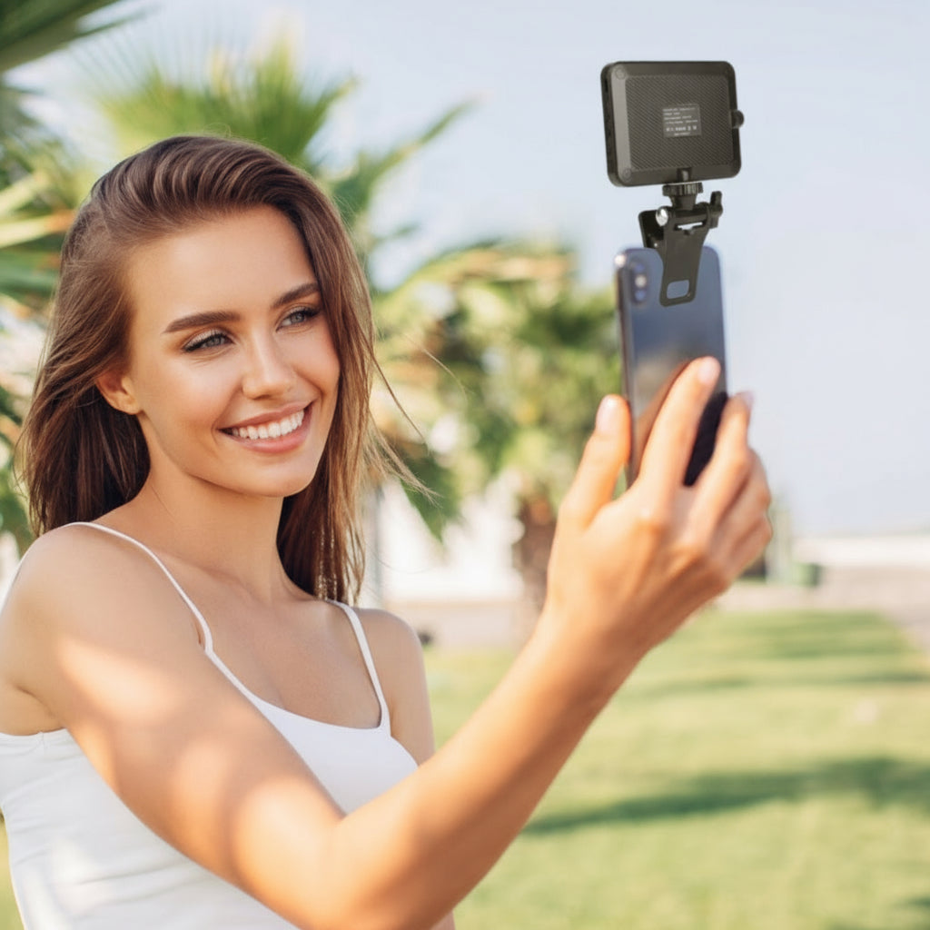 Woman taking a selfie with a smartphone and a small camera device on a stand outdoors.