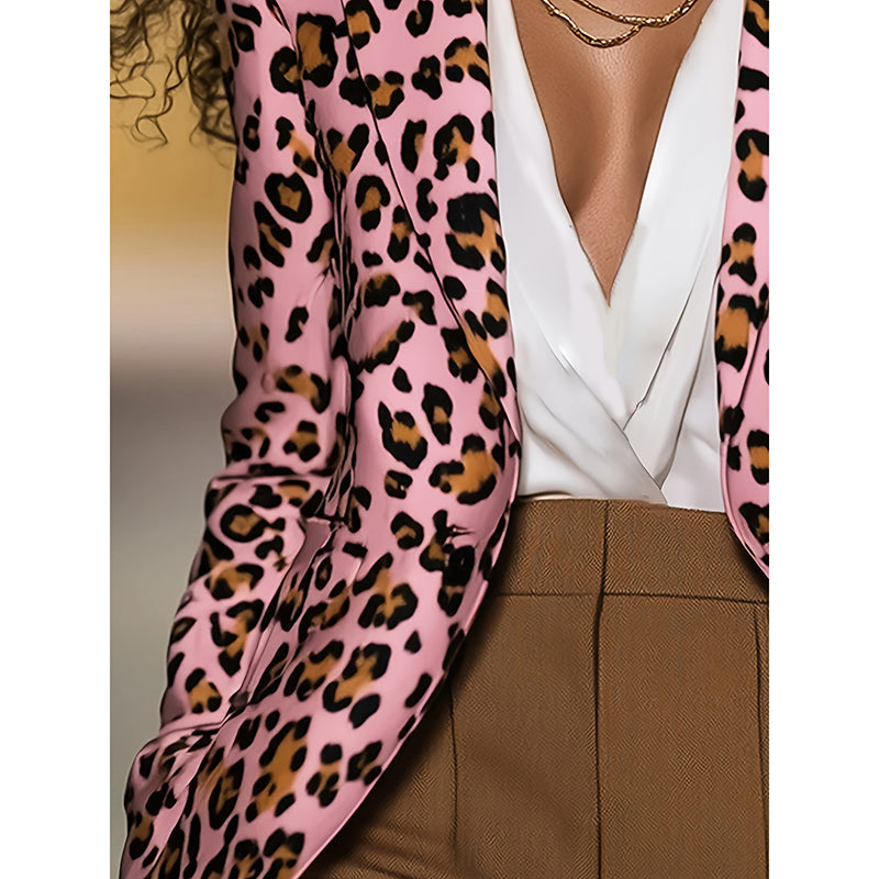 Women's Pink Leopard Blazer Long Sleeve Button Front Notch Lapel Jacket For Casual Office Work Wear